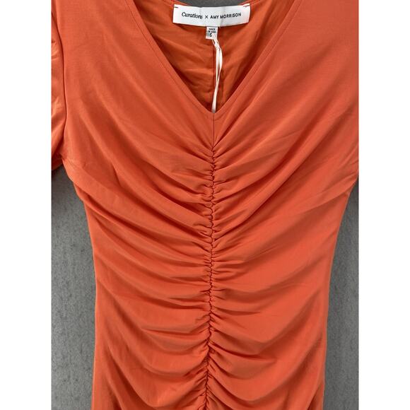 NWT Curations X Amy Morrison Dress Womens Sz S V-Neck Ruched Mini Mango - Picture 4 of 14